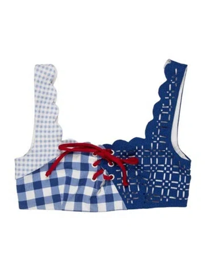 Pre-owned Marysia Plaid Print Scalloped Accent Top In Blue