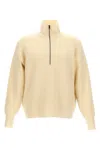 Ma'ry'ya Half Zip Wool Sweater With Cuffed Sleeves And Relaxed Fit In Neutral