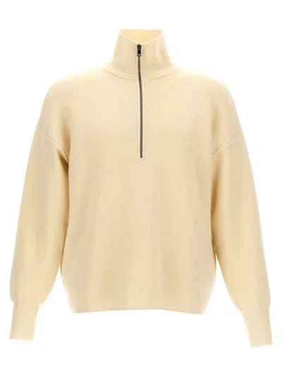 Ma'ry'ya Half Zip Wool Sweater With Cuffed Sleeves And Relaxed Fit In Neutral