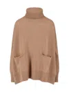 Ma'ry'ya High Turtleneck Knit Sweater With Side Slits In Nude