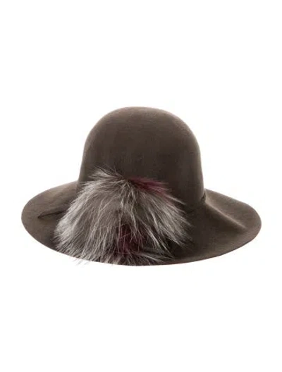 Pre-owned Marzi Firenze Felt Brown  Fedora Hat With Fur Pompom Accent At Brim