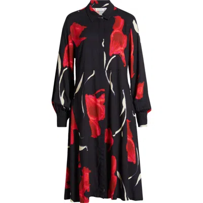 Masai Copenhagen Nadia Floral Long Sleeve Midi Shirtdress In Haute Red