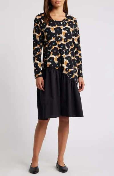 Masai Copenhagen Nellina Long Sleeve Trapeze Dress In Ivory/tan/black Floral