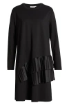 Masai Copenhagen Novalene Satin Pleat Detail Long Sleeve Shift Dress In Black