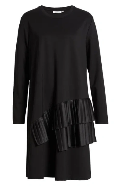 Masai Copenhagen Novalene Satin Pleat Detail Long Sleeve Shift Dress In Black