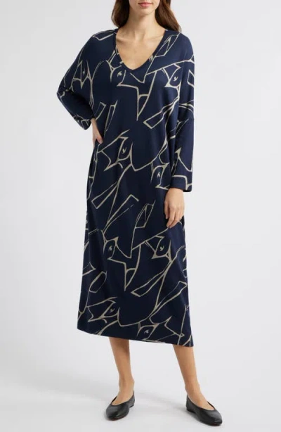 Masai Copenhagen Nyrini Print V-neck Long Sleeve Midi Dress In Navy Blazer