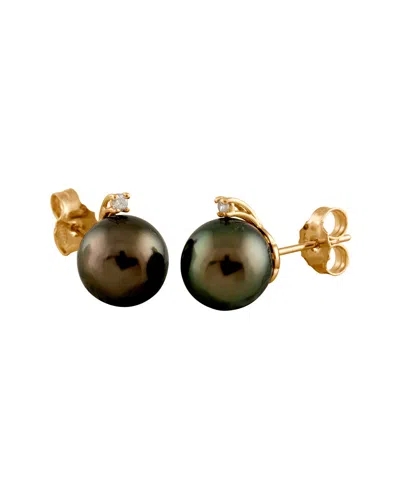 Masako Pearls Splendid Pearls 14k .10ct. Tw. Diamond 10-11mm Tahitian Pearl Studs In Gold