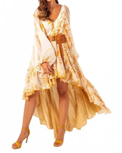 Masavi Leafs Asymmetrical Dress In Mustard In Yellow