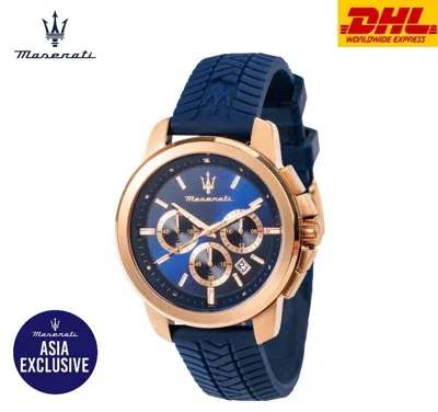 Pre-owned Maserati Asia Exclusive Successo 44mm Blue Silicone Strap Men Chronograph Watch