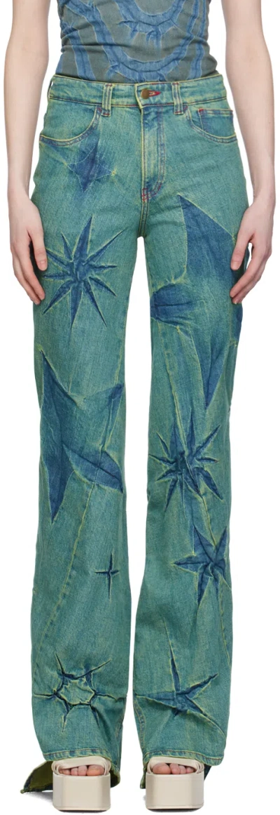 Masha Popova Green & Blue Creased Jeans In Jade Blue