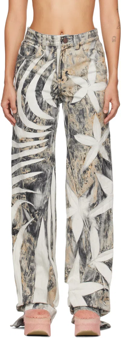 Masha Popova Ssense Exclusive White & Black Tribal Bias Cut Boyfriend Jeans In Noct Earth Camo