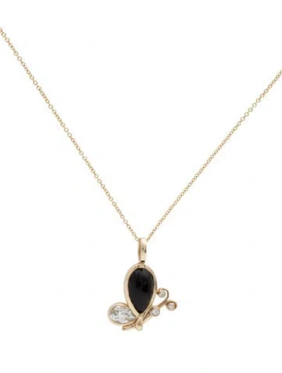 Pre-owned Mason And Books 14k Onyx, 1.00ct Topaz & Diamond Butterfly Effect Pendant Necklace, 18" In Multi