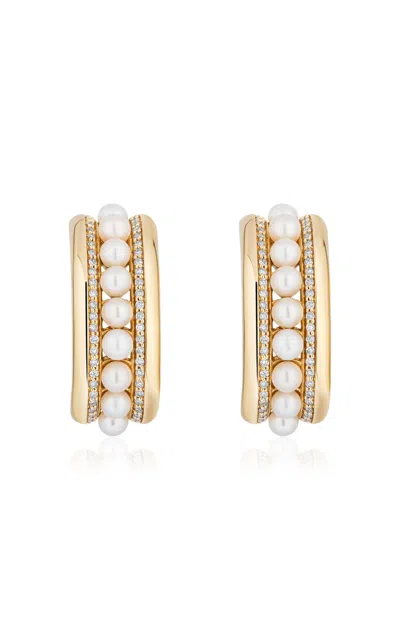Mason And Books Runway 14k Yellow Gold Pearl; Diamond Hoop Earrings In White