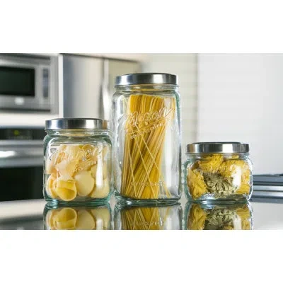 Mason Craft & More Vintage Storage Jars Glass Pop-up 3 Piece Kitchen Canister Set In Clear,silver
