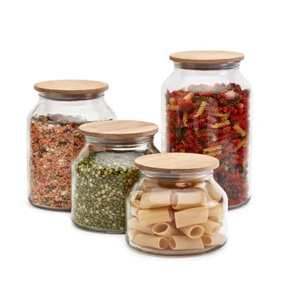 Mason Craft & More Vintage Storage Jars  European Belly Glass Canisters W/ Acacia Wood Lids - Set Of  In Clear
