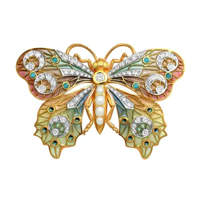 Pre-owned Masriera 18 Karat Yellow Gold Enamel And Diamond Butterfly Brooch
