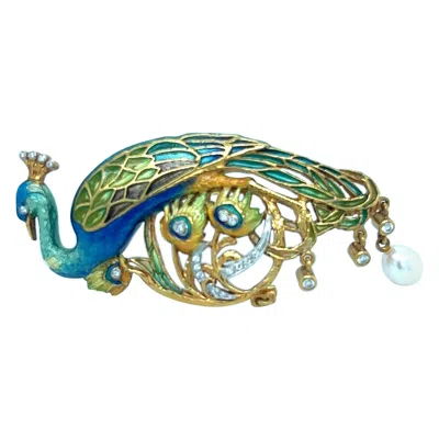 Pre-owned Masriera 18 Kt Yellow Gold Peacock Brooch With Enamel, Dia..41ct And Pearl