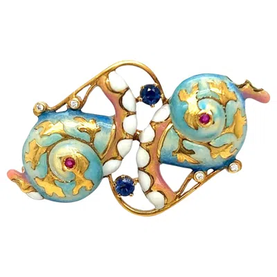 Pre-owned Masriera 18 Kt Yellow Gold Twin Snails Enamel Brooch With Sapphires & Diamonds