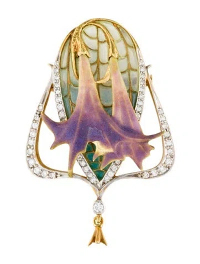Pre-owned Masriera 18k Pearl, Diamond & Enamel Plique-a-jour Pendant Brooch In Multi