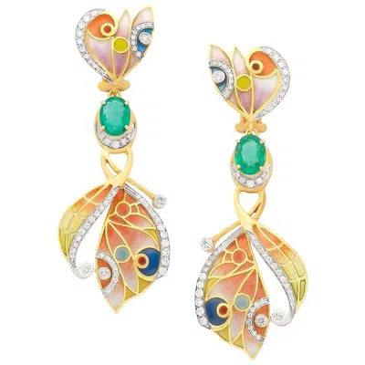 Pre-owned Masriera 18kt Gold Enamel Earrings With 2.48ct. Emeralds And .88ct. Of Diamonds In Multi