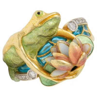 Pre-owned Masriera Contemporary Diamond Enamel 18k Gold Platinum Frog Water Lily Ring In Multi