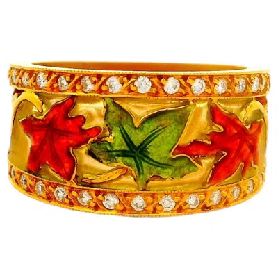 Pre-owned Masriera Diamond 18k Yellow Gold Enamel Leaves Motif Ring