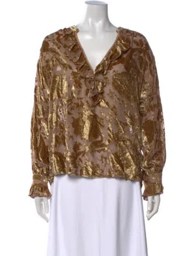 Pre-owned Masscob Floral Print V-neck Blouse In Gold