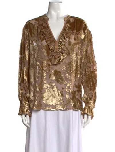 Pre-owned Masscob Floral Print V-neck Blouse In Gold/metallic