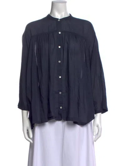 Pre-owned Masscob Mock Neck Long Sleeve Button-up Top In Blue