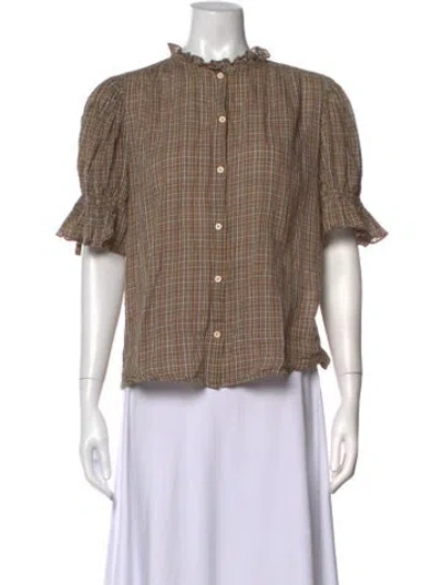Pre-owned Masscob Plaid Print Short Sleeve Blouse In Brown