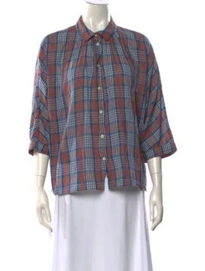 Pre-owned Masscob Plaid Print Three-quarter Sleeve Blouse In Blue