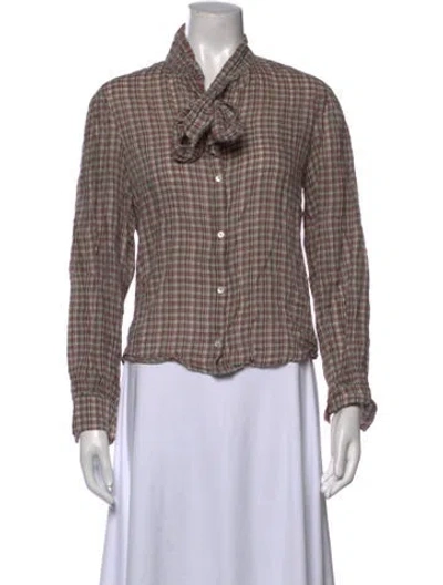 Pre-owned Masscob Plaid Print Tie Neck Button-up Top In Red