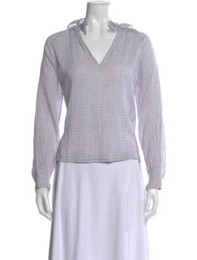 Pre-owned Masscob Plaid Print V-neck Blouse In Purple