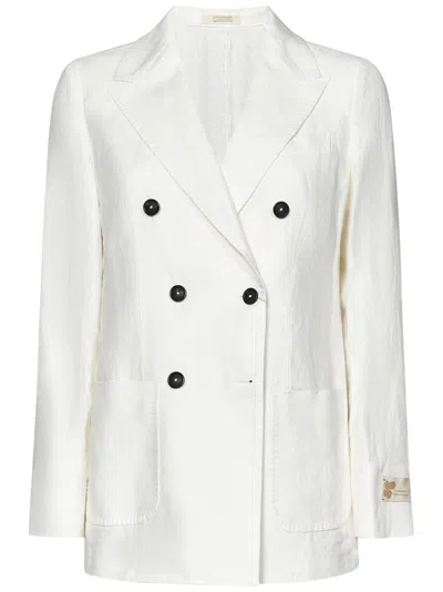 Massimo Alba Cream Herringbone Linen Double-breasted Blazer In White