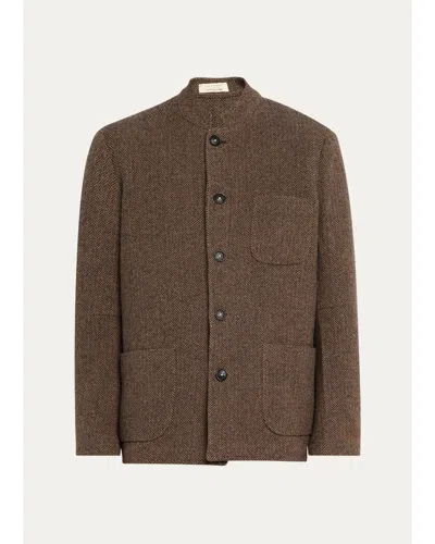 Massimo Alba Men's Band-collar Herringbone Blazer In Brown