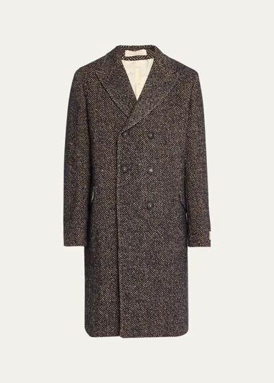 Massimo Alba Men's Long Herringbone Double-breasted Jacket In Blu