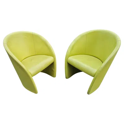 Pre-owned Massimo And Lella Vignelli 1 Of 5 Club Chairs "intervista" By Poltrona Frau In Chartreuse Leather, Italy In Green