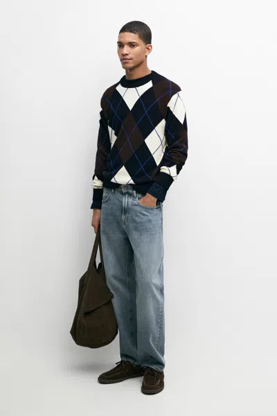 Massimo Dutti 100% Cotton Argyle Knit Sweater In Multi