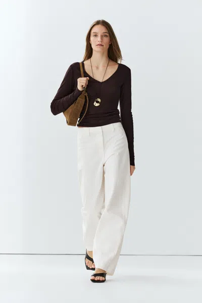 Massimo Dutti 100% Cotton Barrel Fit Pants In Off White