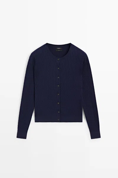 Massimo Dutti 100% Cotton Braided Knit Cardigan In Blue