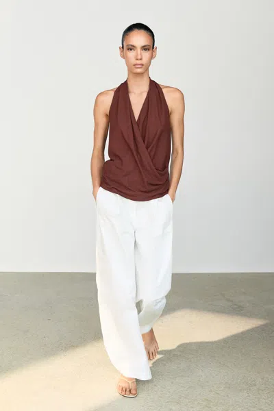 Massimo Dutti 100% Cotton Draped Surplice Top In Burgundy