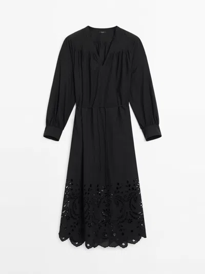 Massimo Dutti 100% Cotton Dress With Embroidered Detail In Black