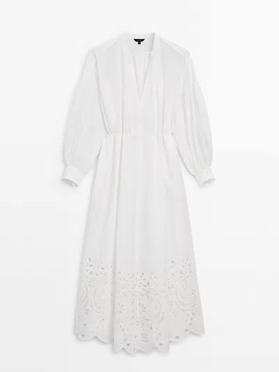Massimo Dutti 100% Cotton Dress With Embroidered Detail In White