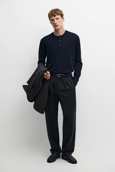 Massimo Dutti 100% Cotton Henley Neck Knit Sweater In Navy Blue