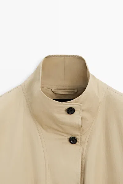 Massimo Dutti 100% Cotton High Neck Trench Coat In Neutral
