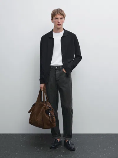 Massimo Dutti 100% Cotton Knit Cardigan In Black