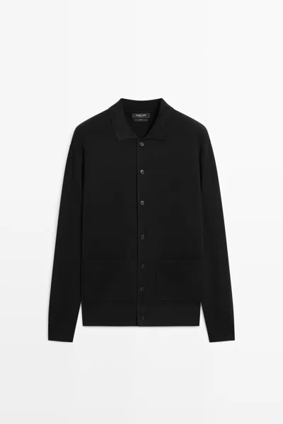 Massimo Dutti 100% Cotton Knit Polo Collar Cardigan In Black
