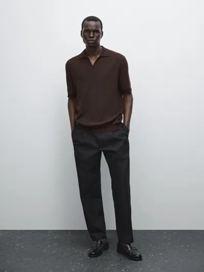 Massimo Dutti 100% Cotton Knit Polo Shirt In Brown