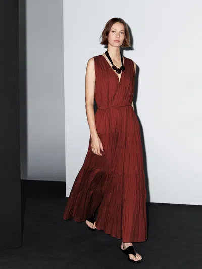 Massimo Dutti 100% Cotton Long Pleated Dress In Red
