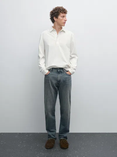 Massimo Dutti 100% Cotton Long Sleeve Polo Shirt In White